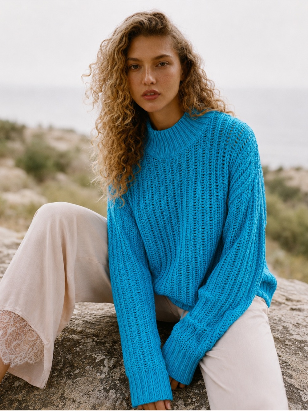 Vici Chunky Knit Mock Neck Sweater Blue Textured Pullover M